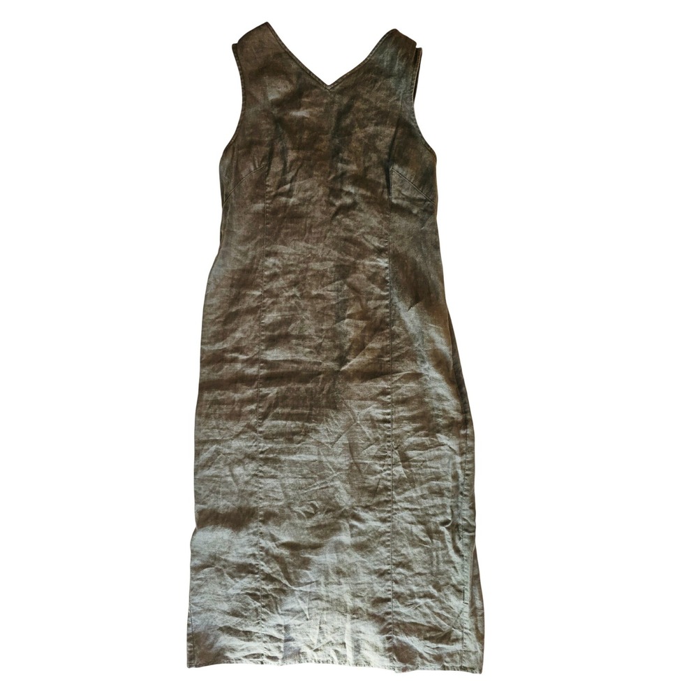 Petite Sophisticate Olive Green Linen Maxi Dress V-Neck Shell Button Slit Sz 0 - Picture 6 of 9